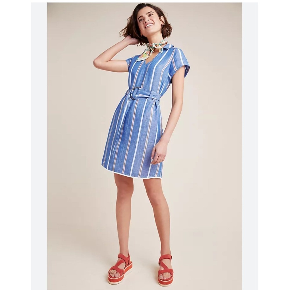 Pilcro Anthropologie Blue Striped Linen Blend Belted Dress Pockets 6P Petite